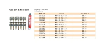 Goupille d'entraînement de fixation à clous pour outils actionnés par poudre, goupille à gaz et pile à combustible avec bande (tige rétractable) Pd2.6 et 3.0